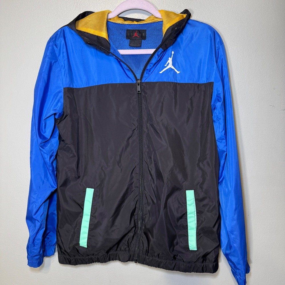 Jordan Boys XL Windbreaker Jacket Hooded Colorblock Blue Black Full Zip Jumpman
